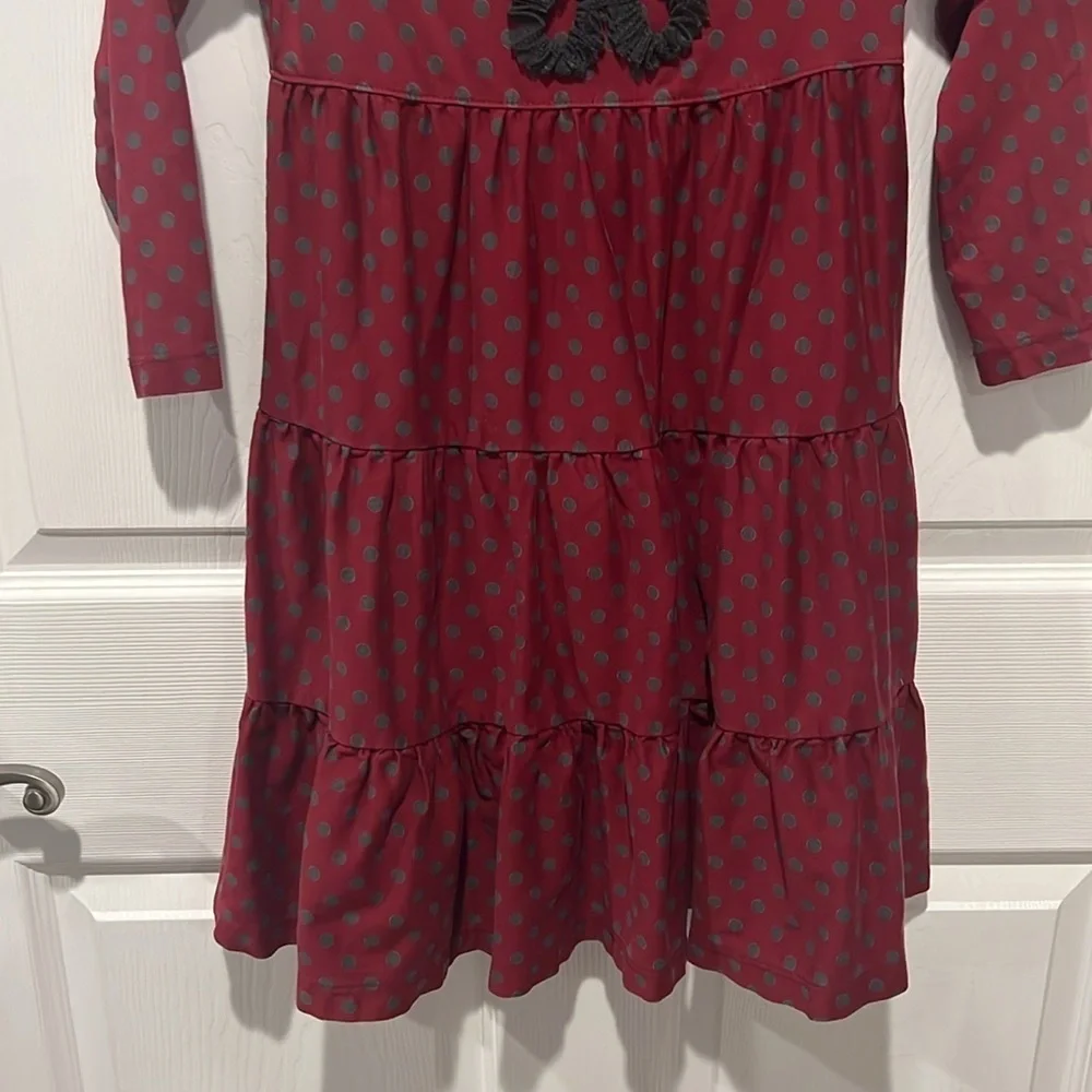 Hanna Anderson maroon gray polka dot long sleeve girls tiered dress size 6-7